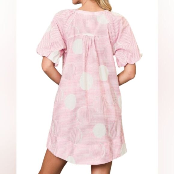 Umgee USA Umgee Stripe and Dot Print Button Down Puff Sleeve Mini Dress Lg - Picture 2 of 9
